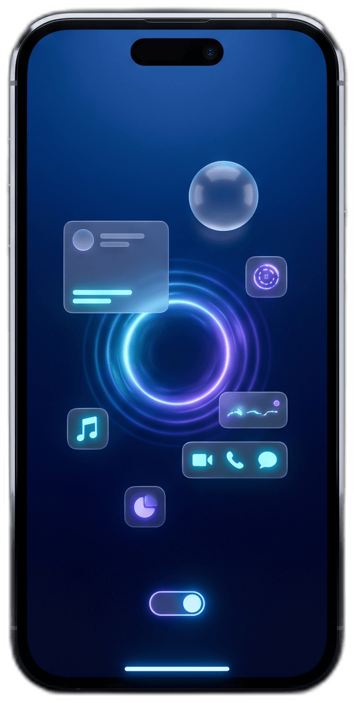Aplicaciones móviles: smartphone con interfaz futurista de widgets flotantes