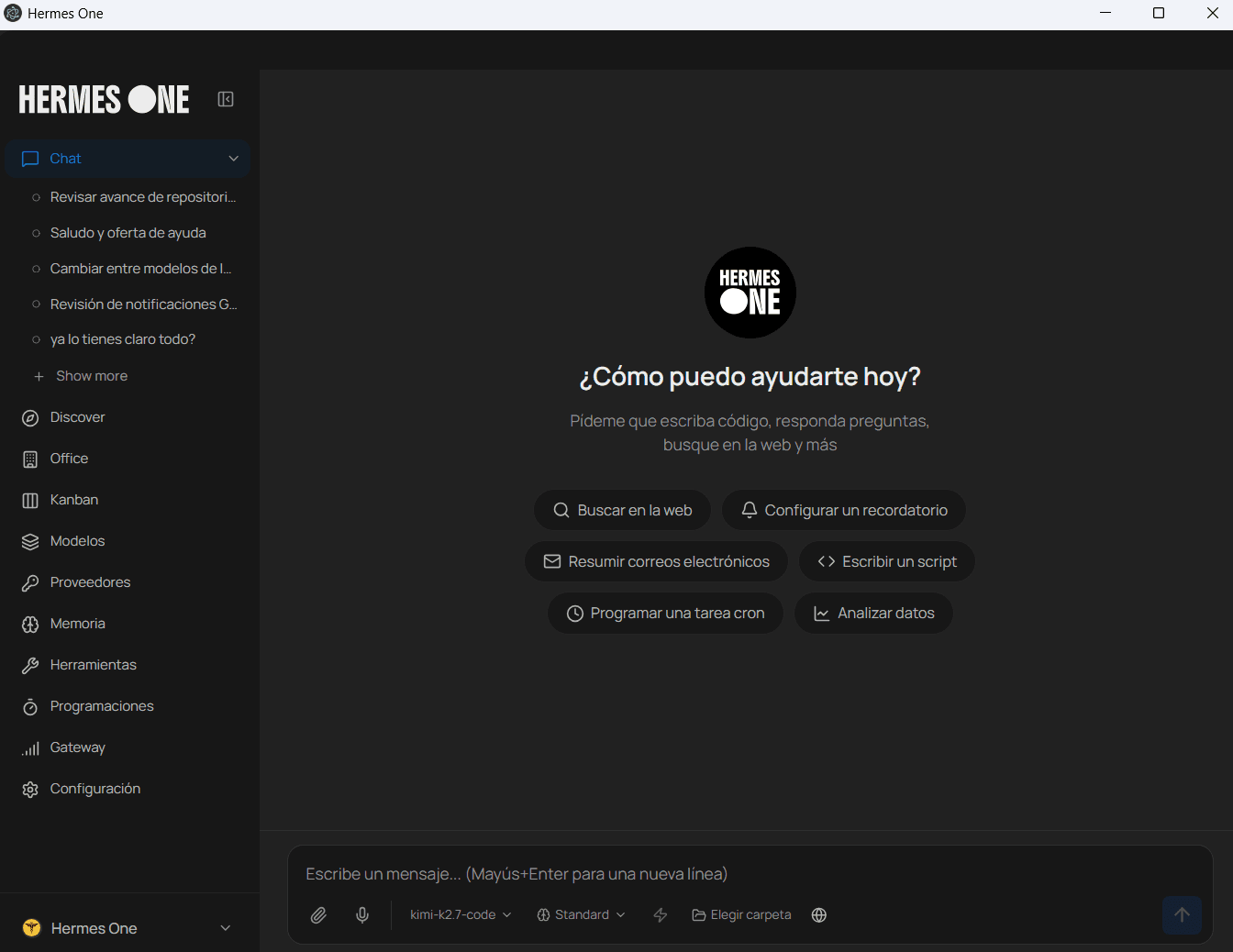 Hermes One, edición en español, corriendo en escritorio
